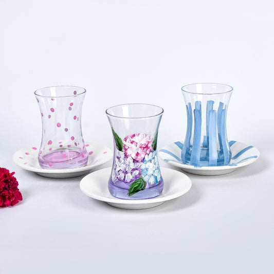 Hydrangea with Dots and Stripes Tea Cups with Saucers Set of Six