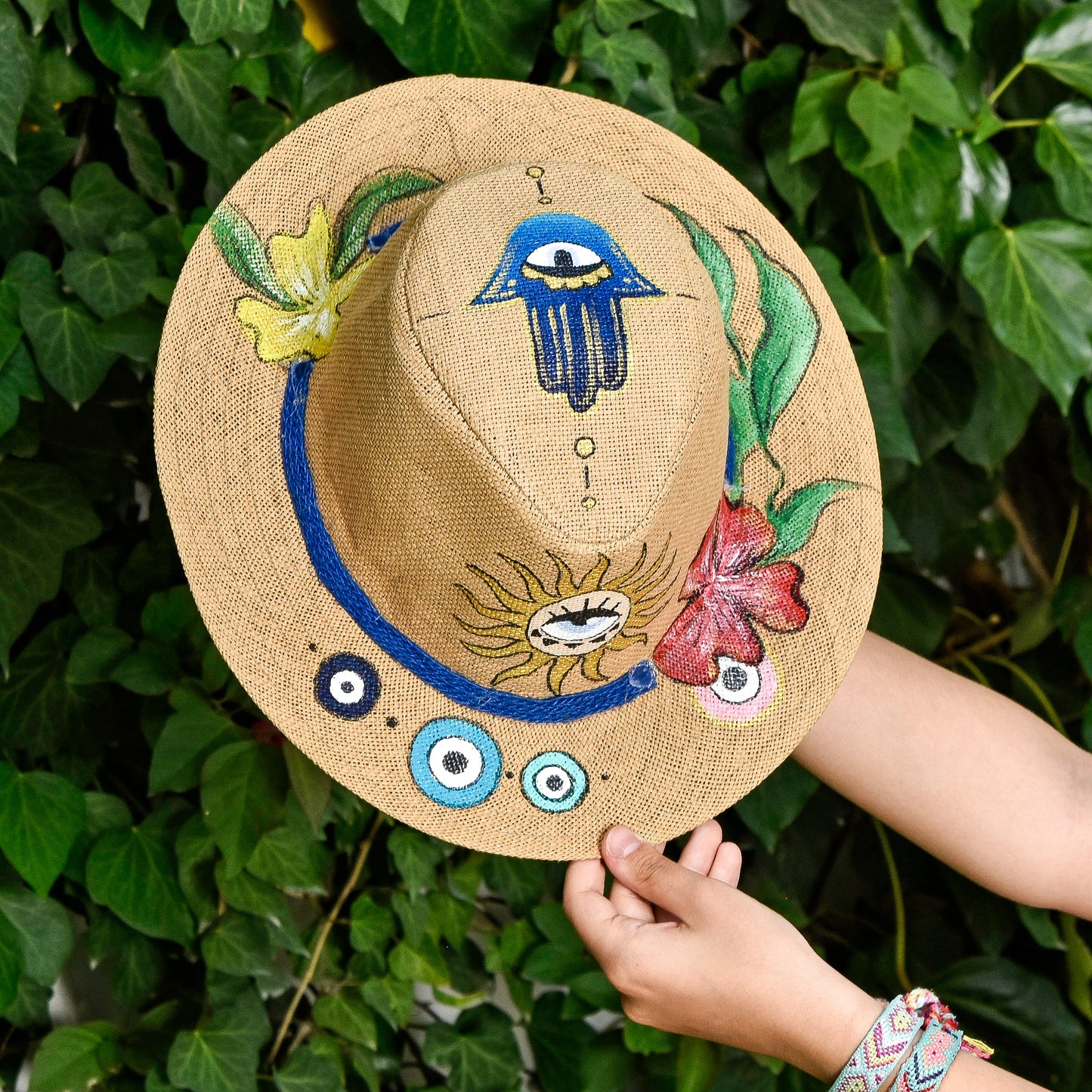 Medium Fatima Hand, Flowers, and Eyes Beige Hat