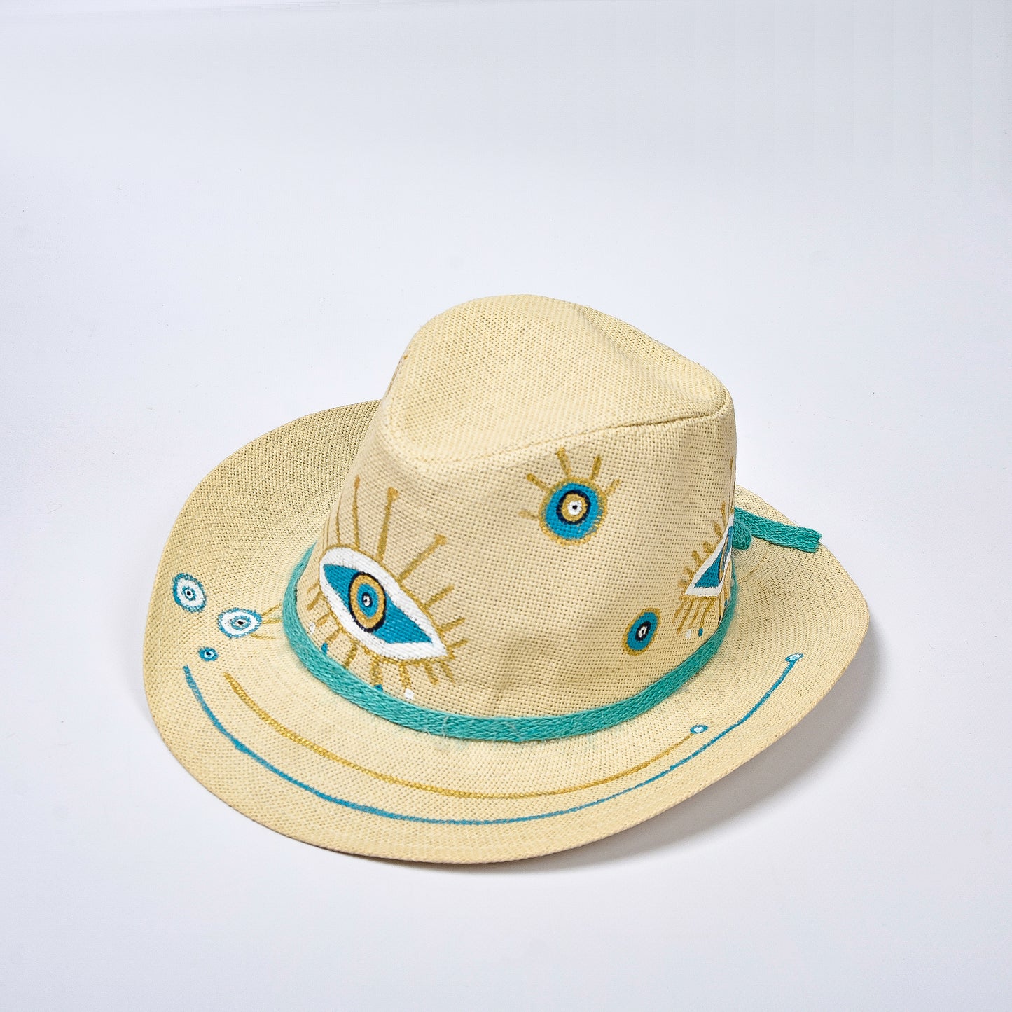 Off White Hat with Turquoise Eyes