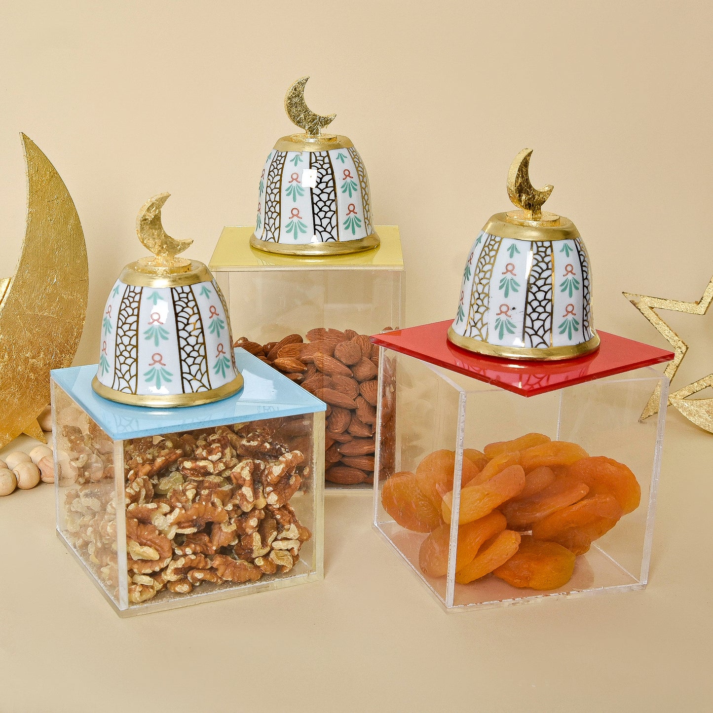 Bedouin Cups and Gold Leaf Crescent – Acrylic Box Set of Three