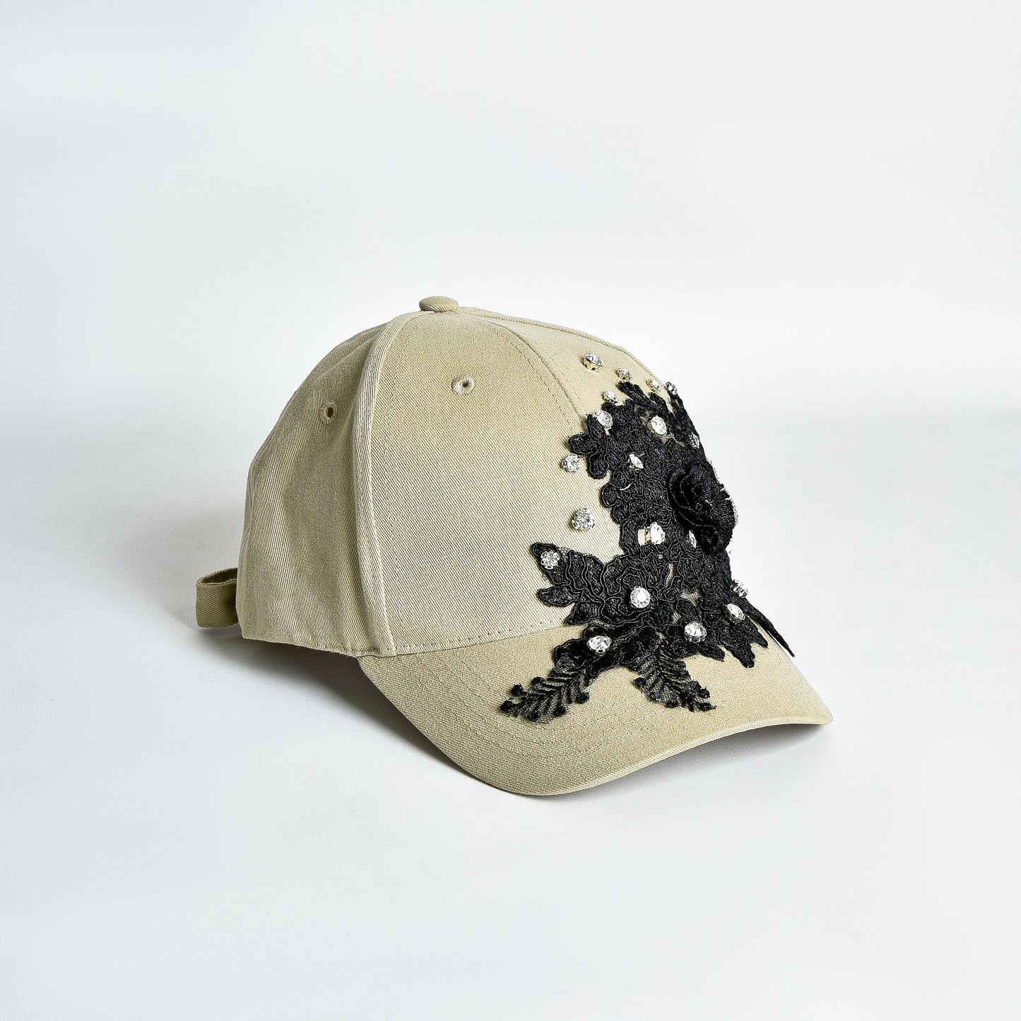 Black Lace and Rhinestones Beige Cap