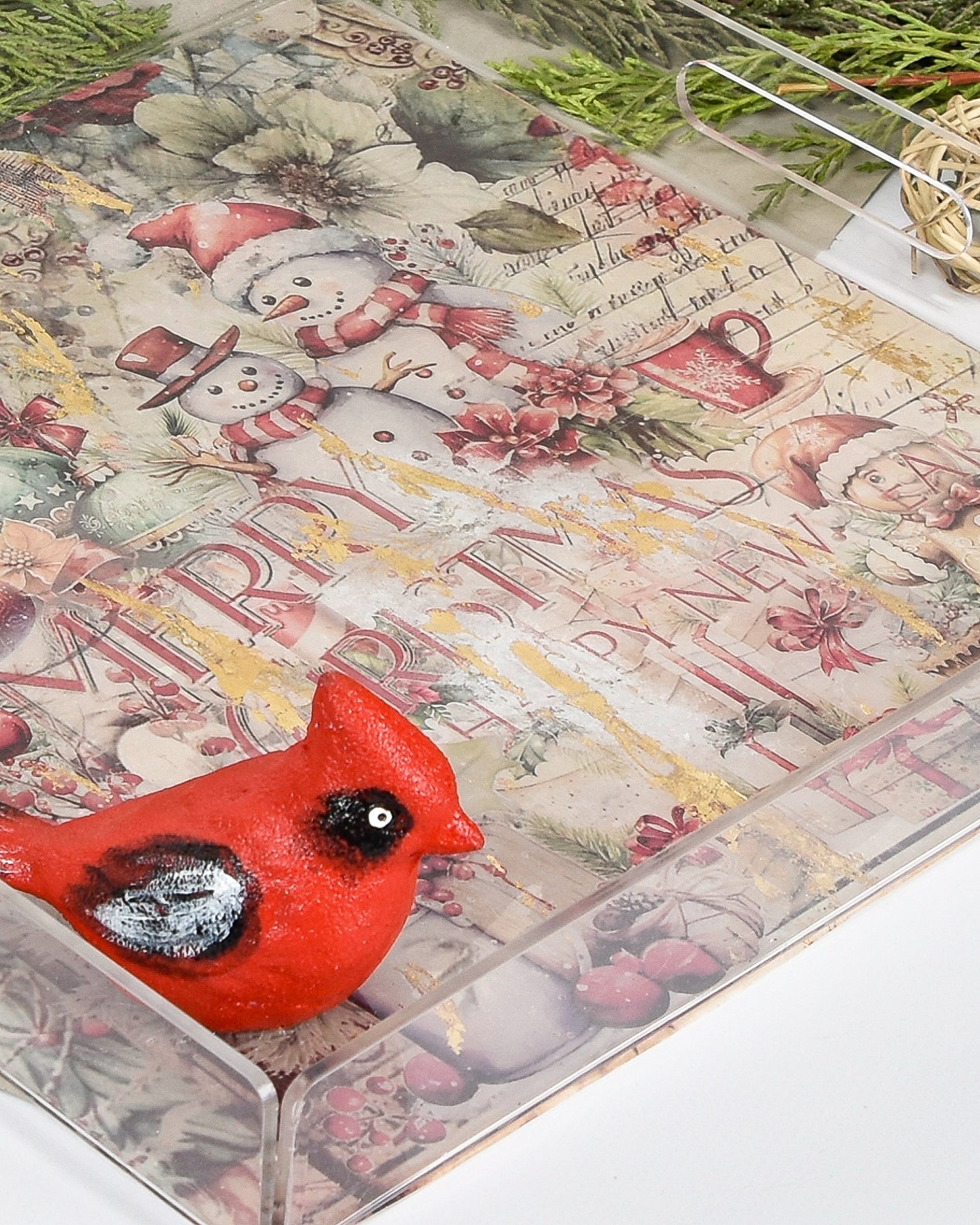 Red Christmas Bird Plexi Tray 30X30CM