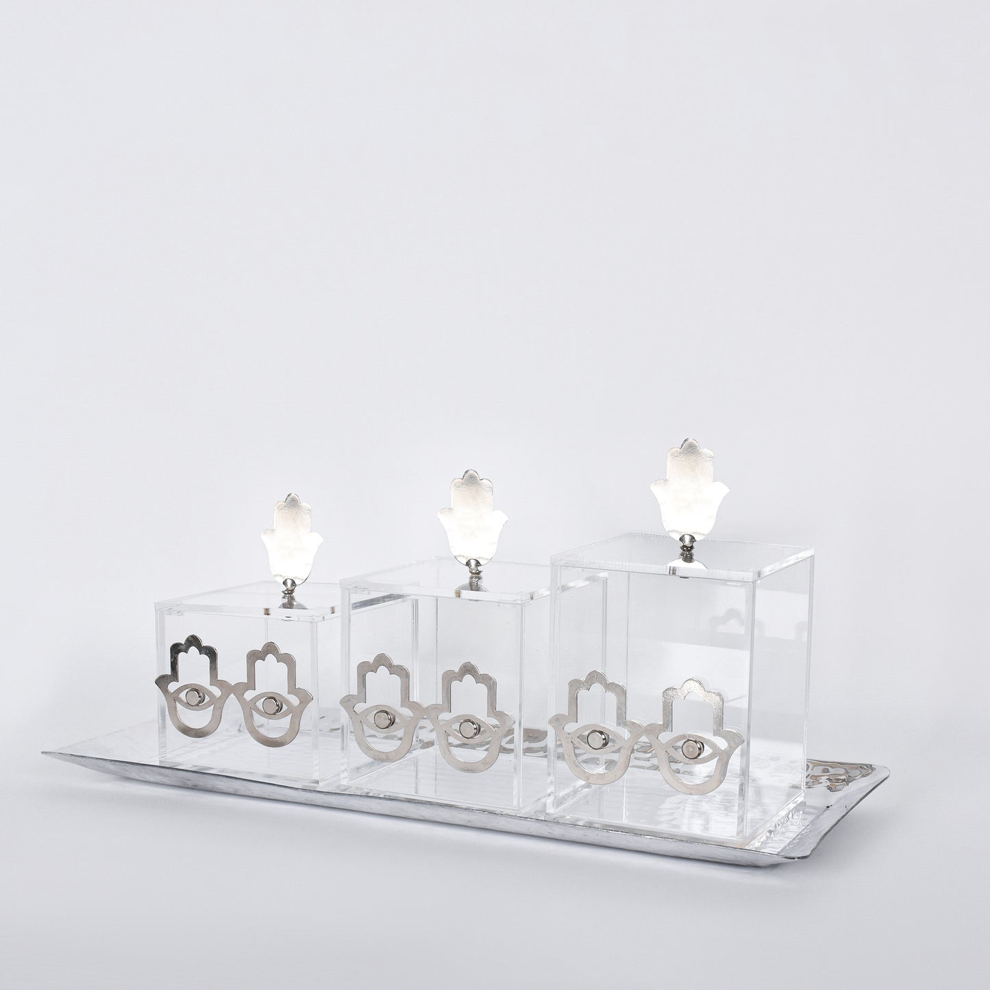 Fatima Hands Square Boxes Set of 3 with Brass Tray - Silver