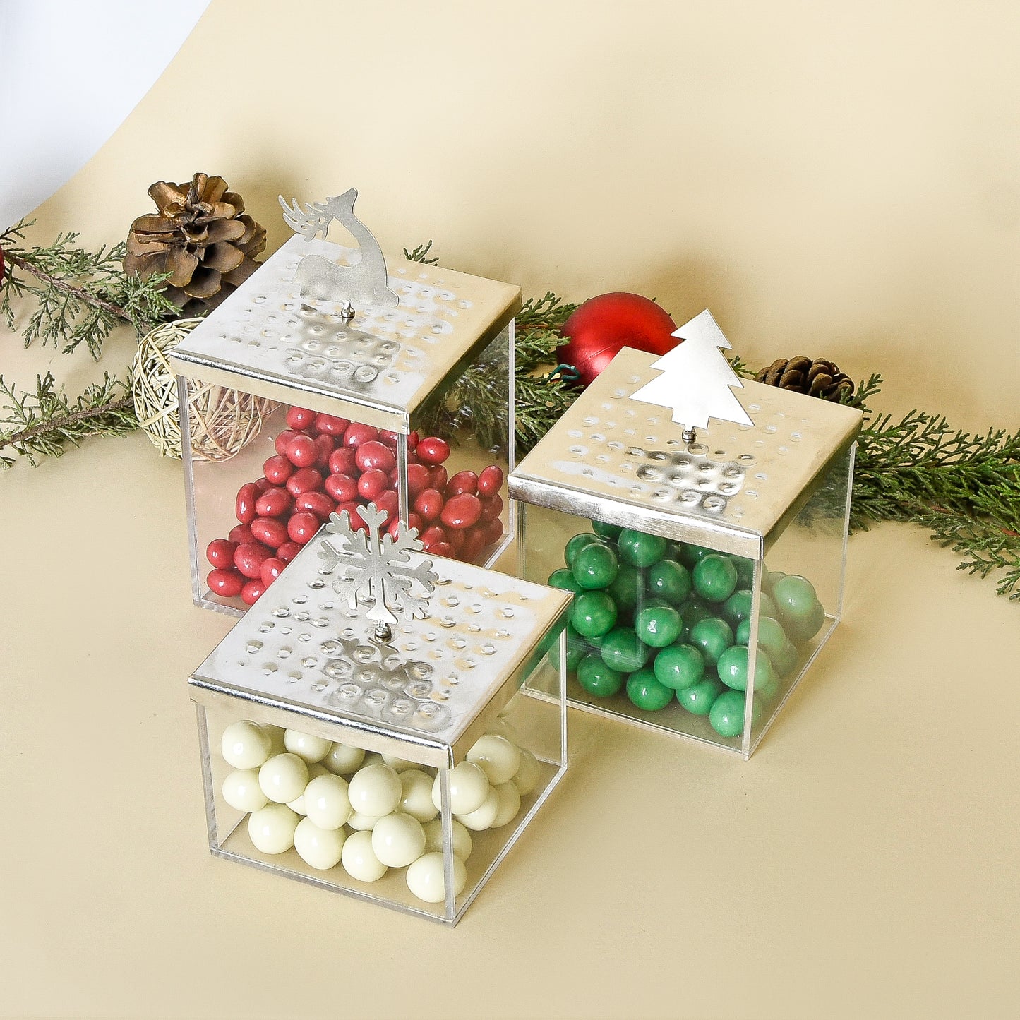 Christmas Silver Metal Lid Ornaments – Set of Three Boxes