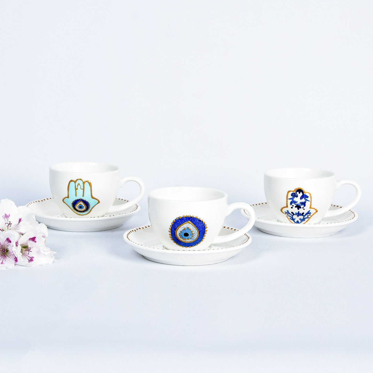 Fatima Hands and Blue Eyes Collage Turkish Coffee Cups with Saucers Set of Six