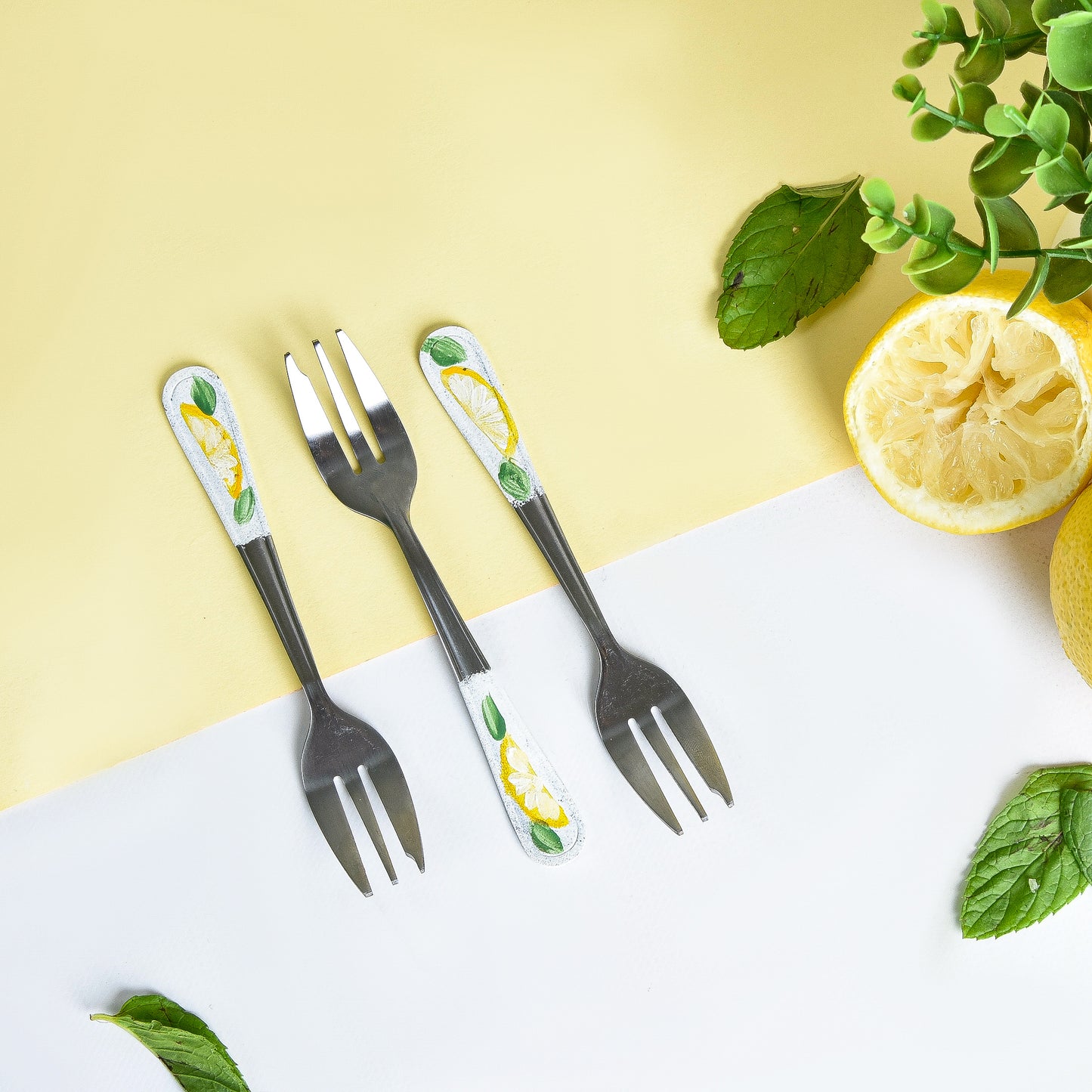 Fresh Lemones with Blue Dessert Forks Set of Six