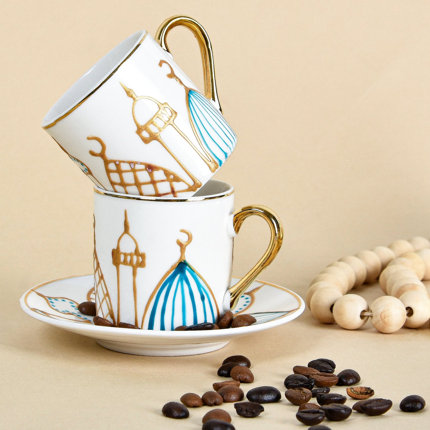 Islamic Village Gold Outline Turkish Coffee Cups with Saucers