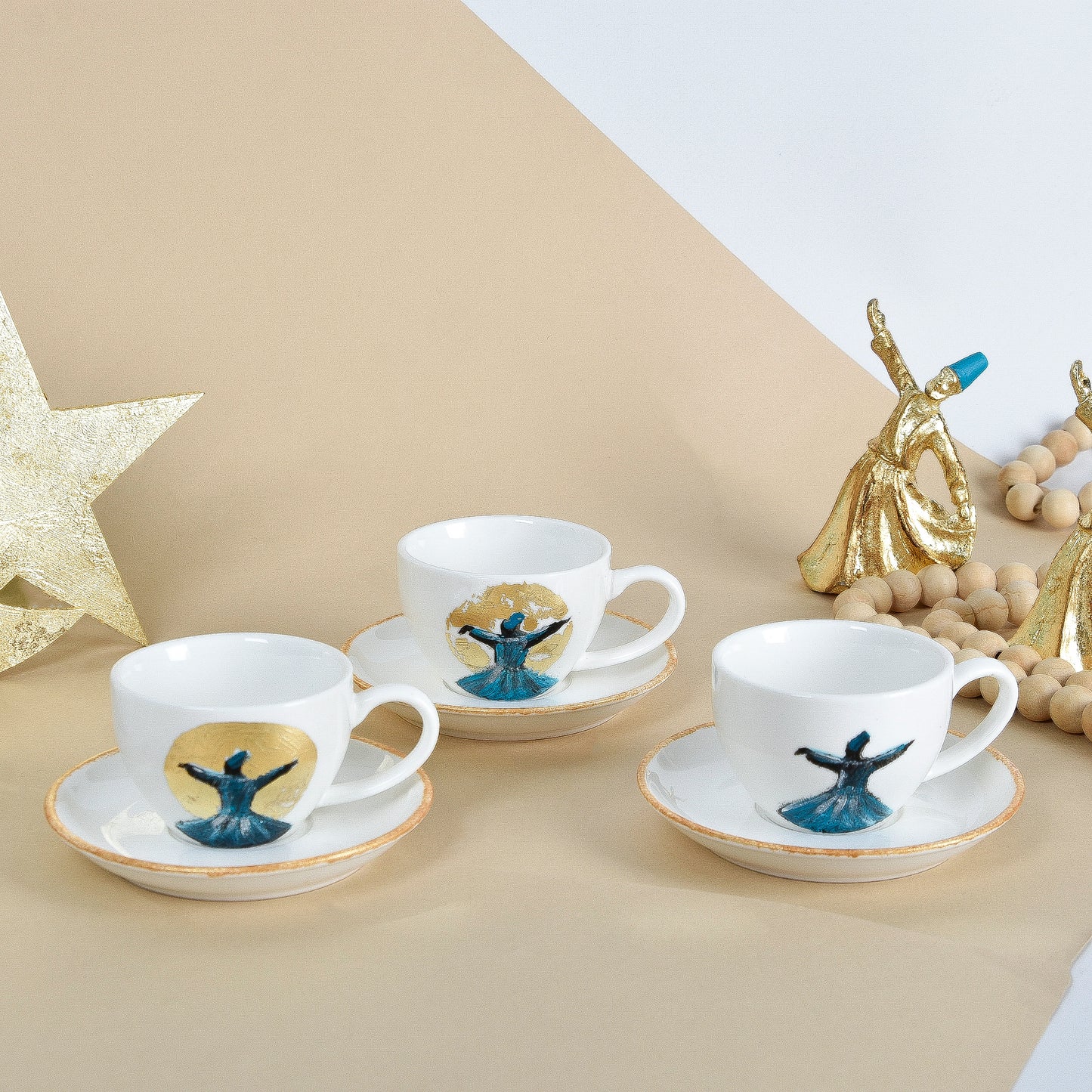 Gold Dancing Dervish Turkish Coffee Cups Set of Six