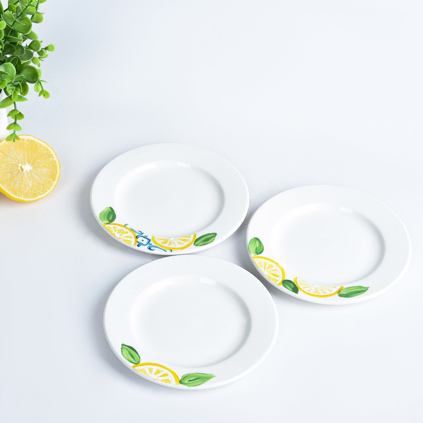 Fresh Lemones with Blue Dessert Plates Set of Six