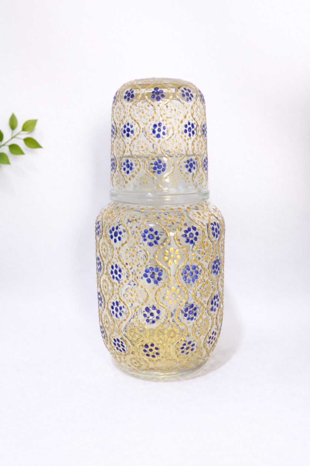 Gold & Blue - Hand-Painted Bedside Water Carafe with Cover Glass