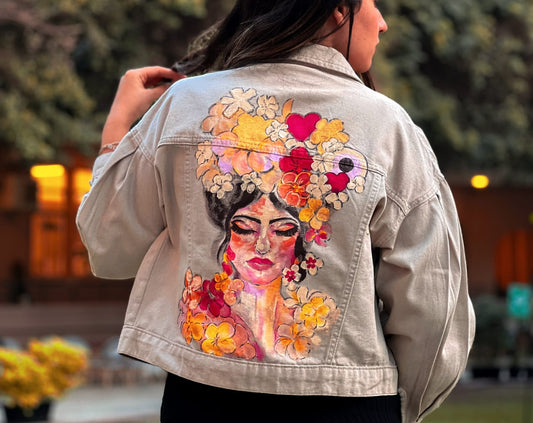Beige Denim Jacket with Painted Painted Face and Flowers
