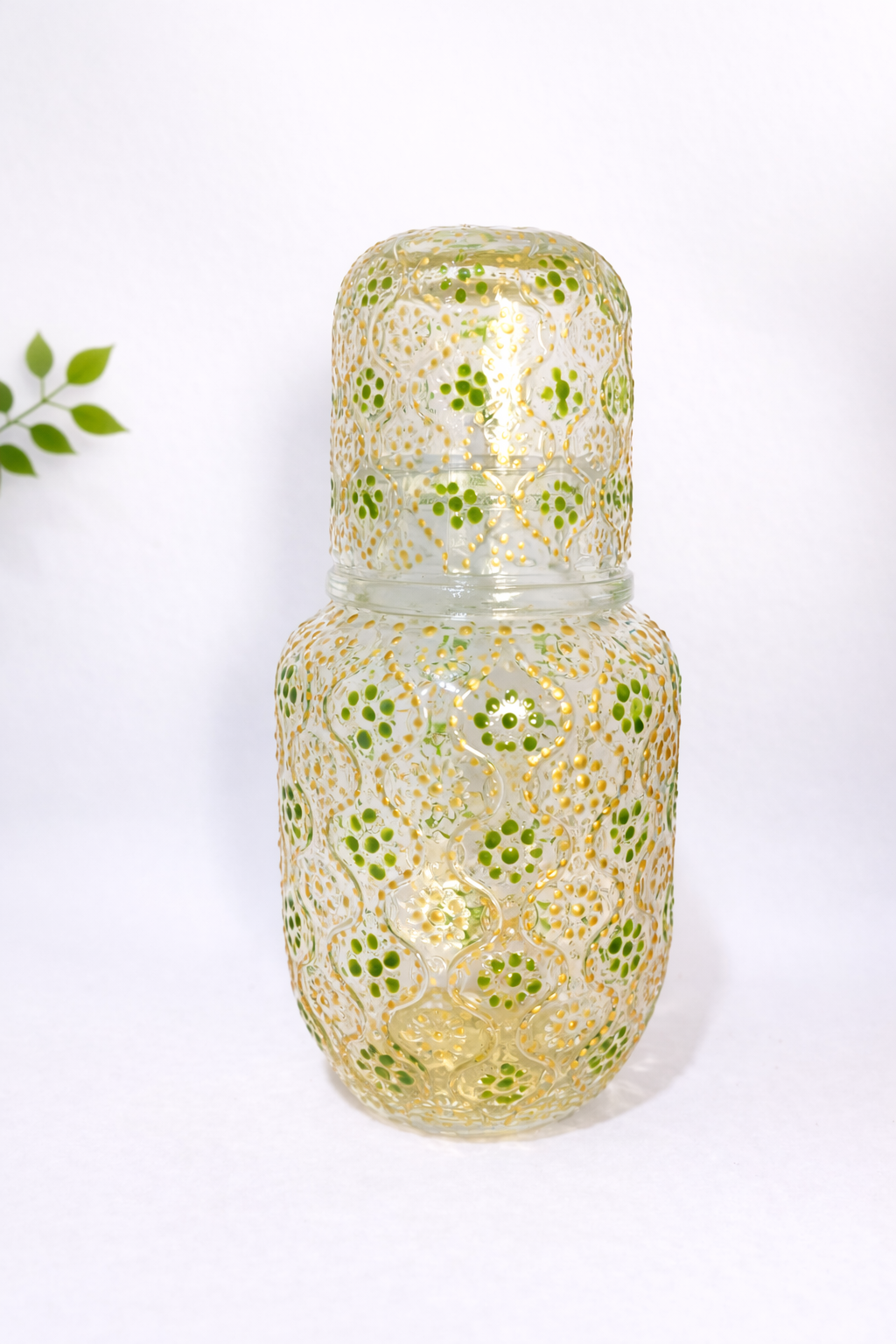 Gold & Green - Hand-Painted Bedside Water Carafe with Cover Glass