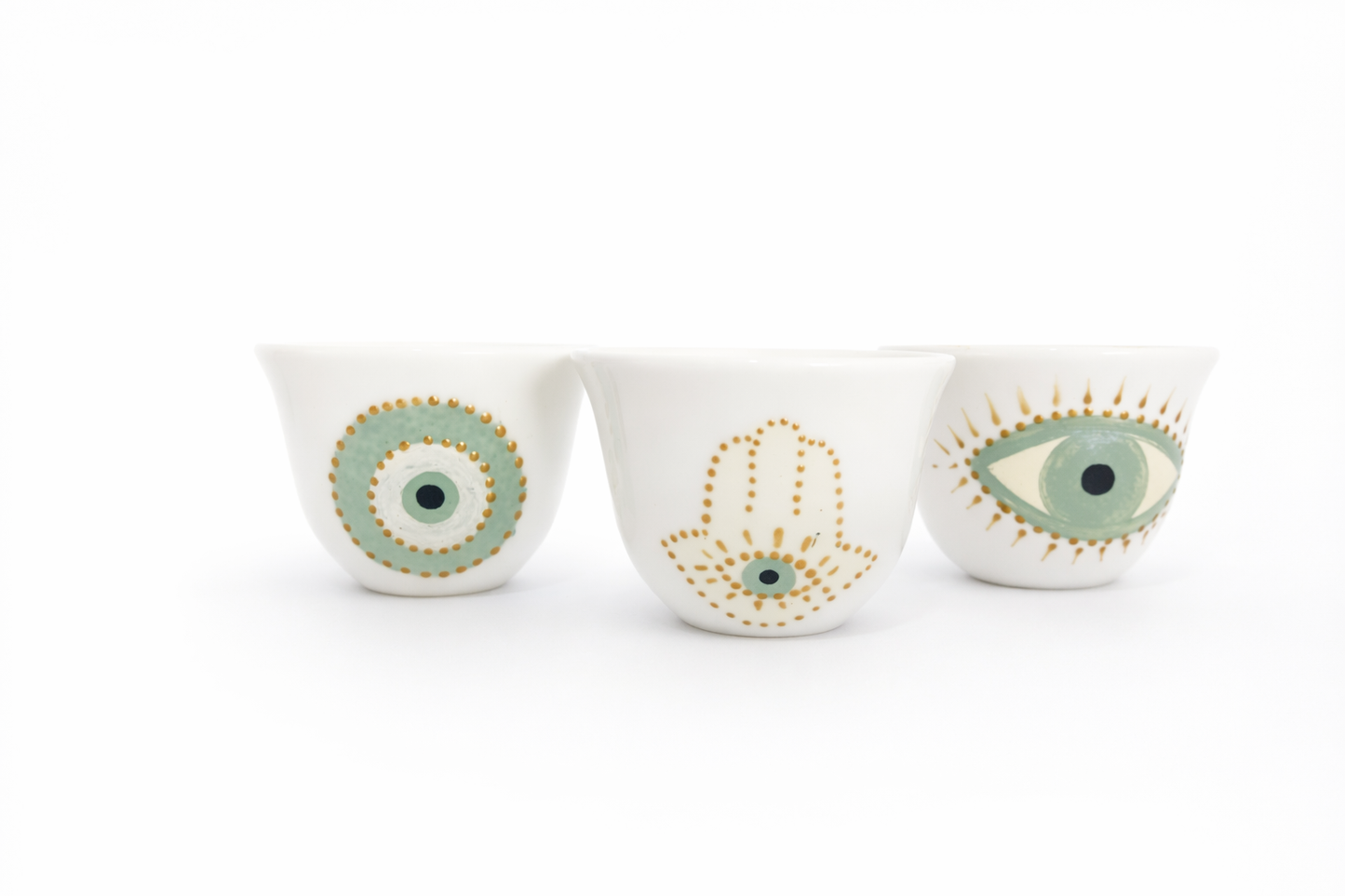 Pistachio Fatima Hands and Blue Eyes Arabic Coffee Cups set of six