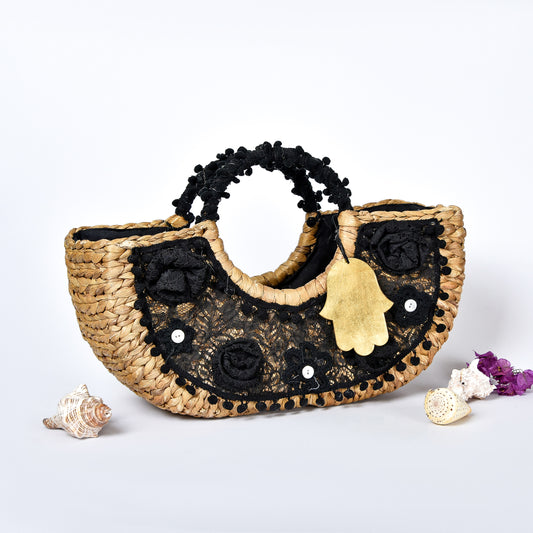 Straw Embellished Beach Bag with Back Handle, Rhinestones & Lace