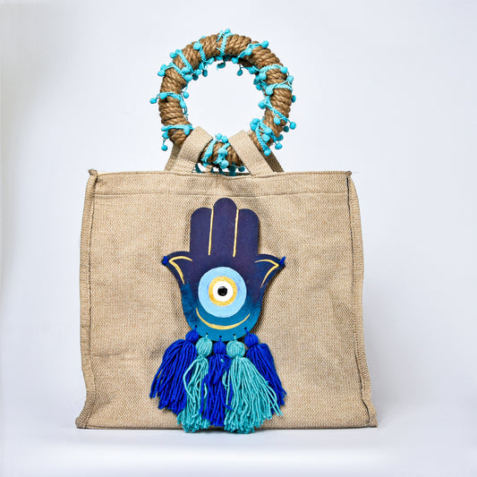 Embellished Beach Bag with Blue Fatima Hand