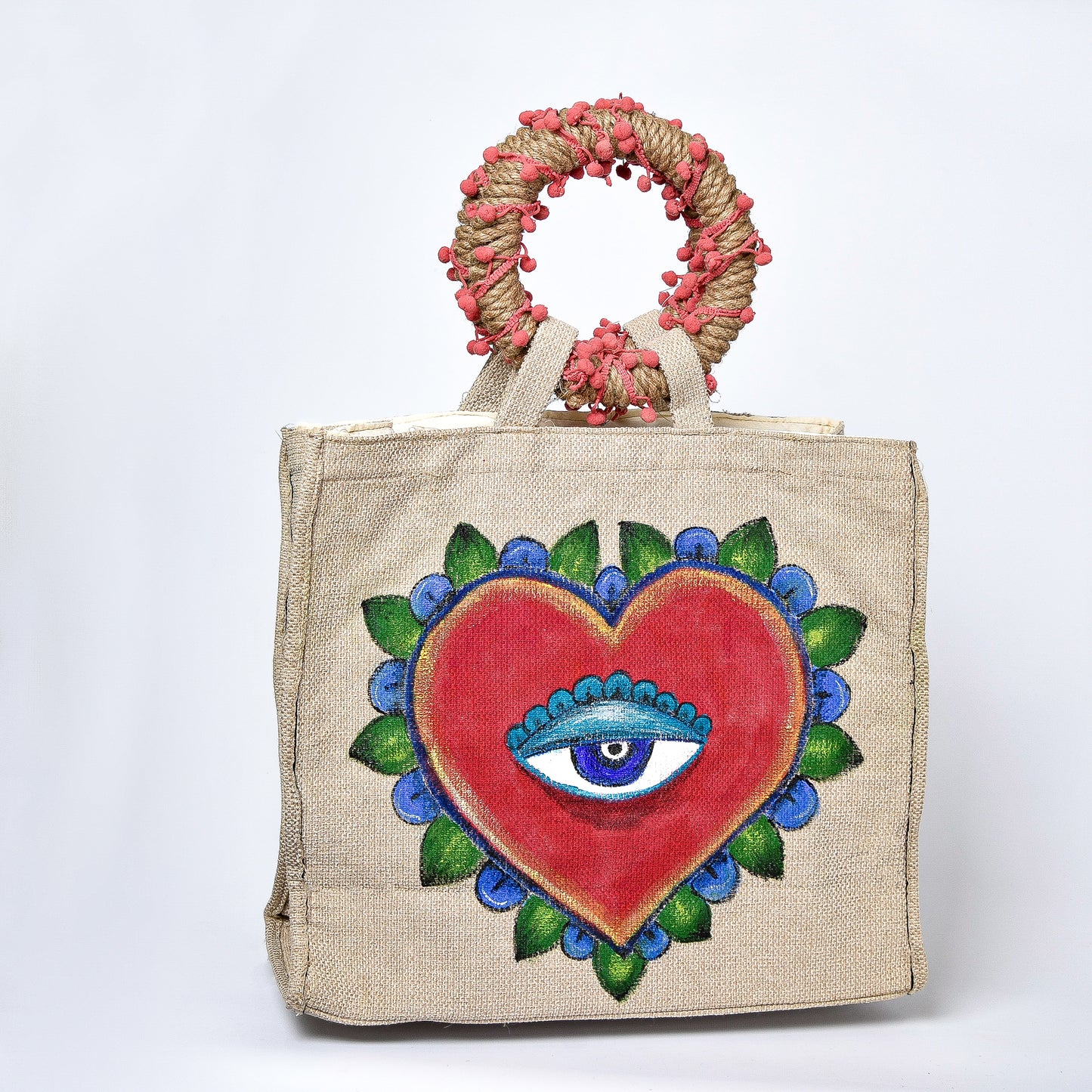 Hand Painted Beach Bag with Big Fushia Heart