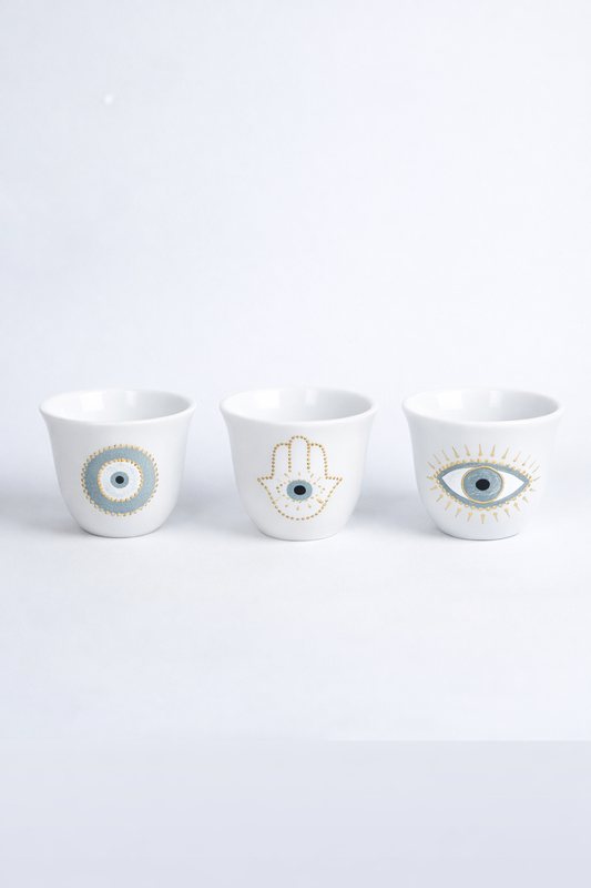 Pistachio Fatima Hands and Blue Eyes Arabic Coffee Cups set of six