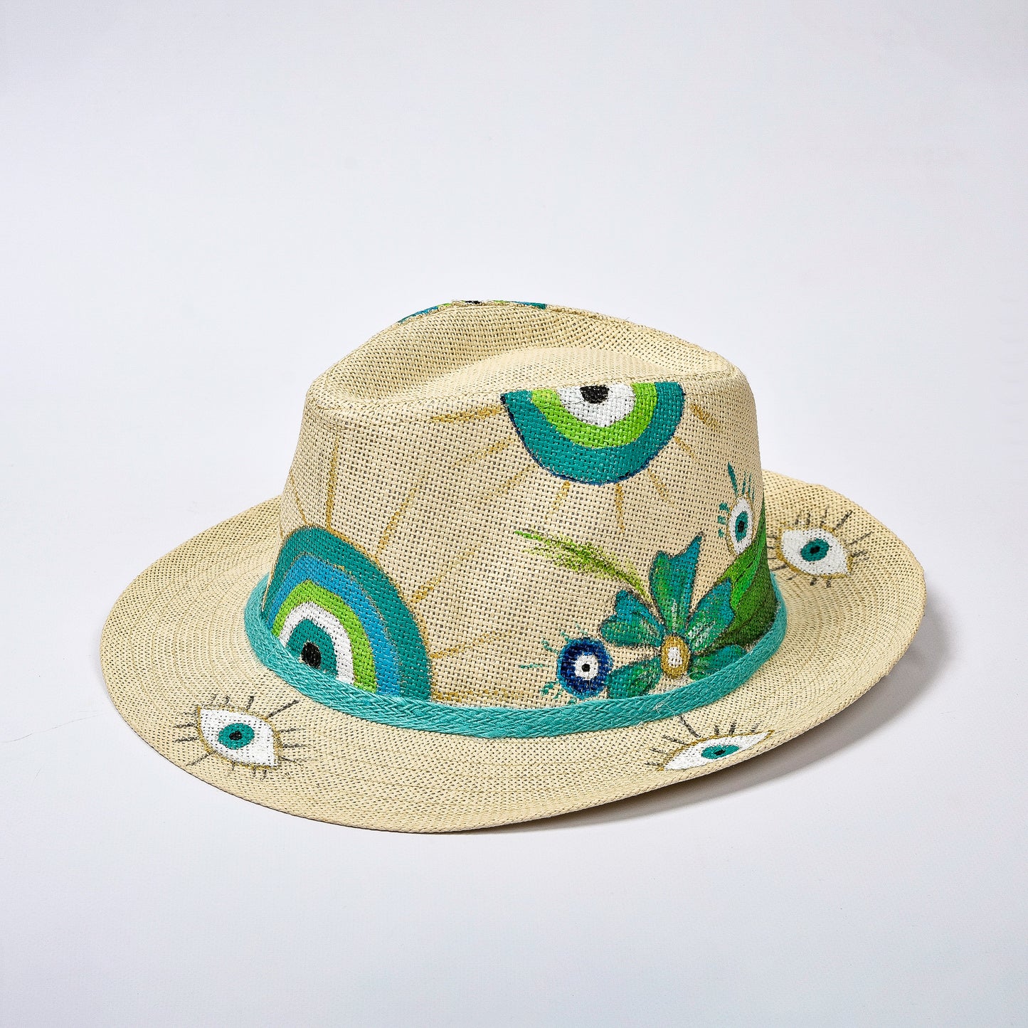 Medium Eyes, Flower and Green and Turquoise Rainbow Hat