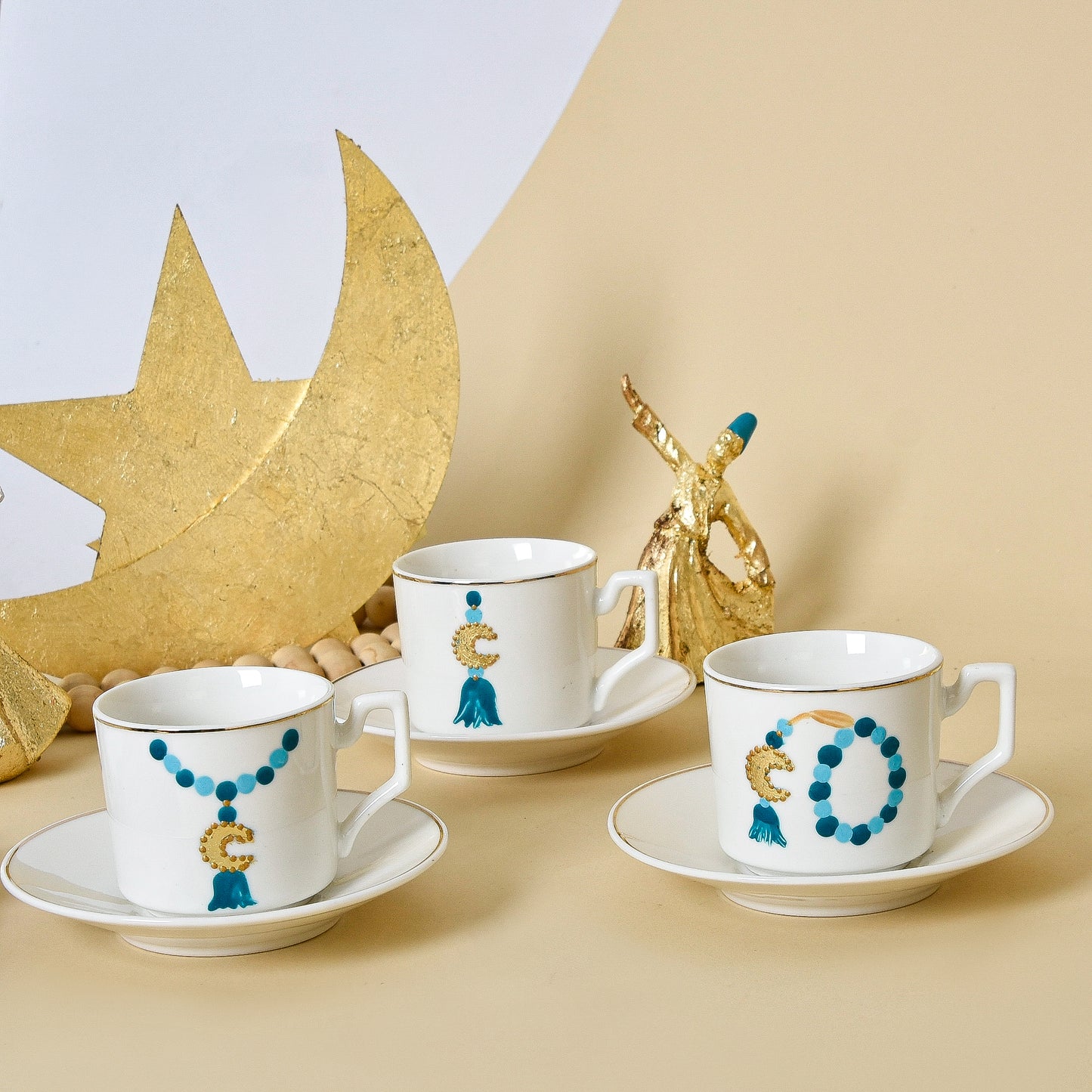 Blue Beaded Crescent with Gold Leaf – Turkish Coffee Cups Set of Six