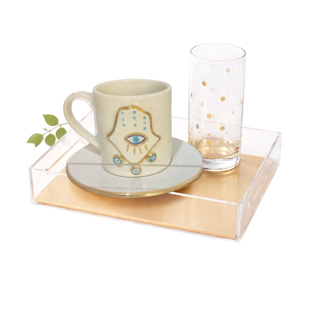 Fatima Hand with Little Evil Eyes - Hand-Painted Coffee Gift Set with Gold Leaf Plexi Tray