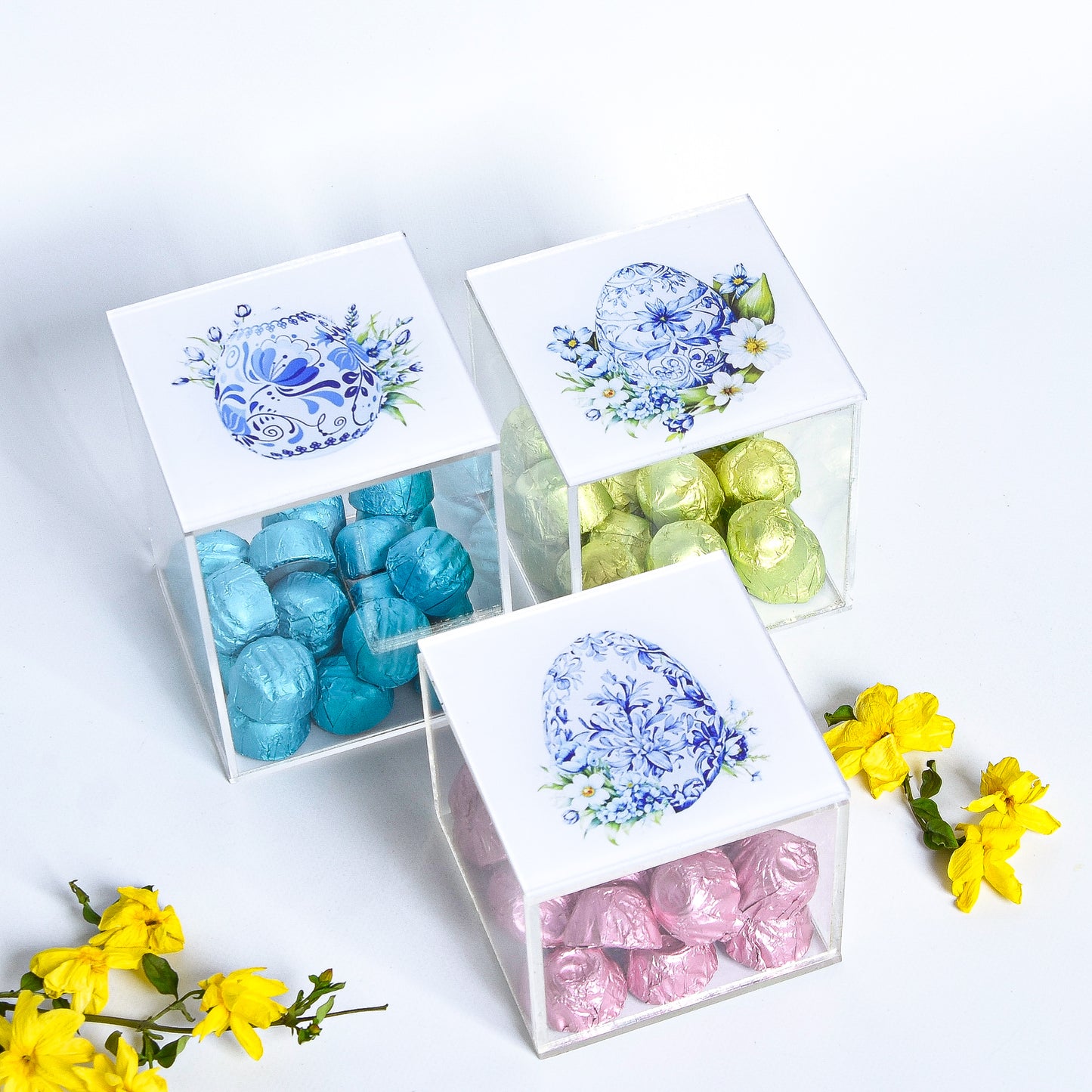 Flowery Blue Easter Eggs Plexi Boxes set of 3