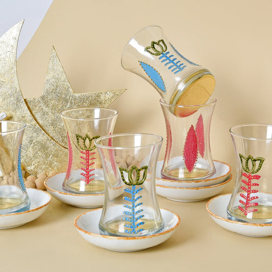 Lebanese Cups and Gold Leaf Crescent Tea Cups with Porcelain Saucers Set of Six