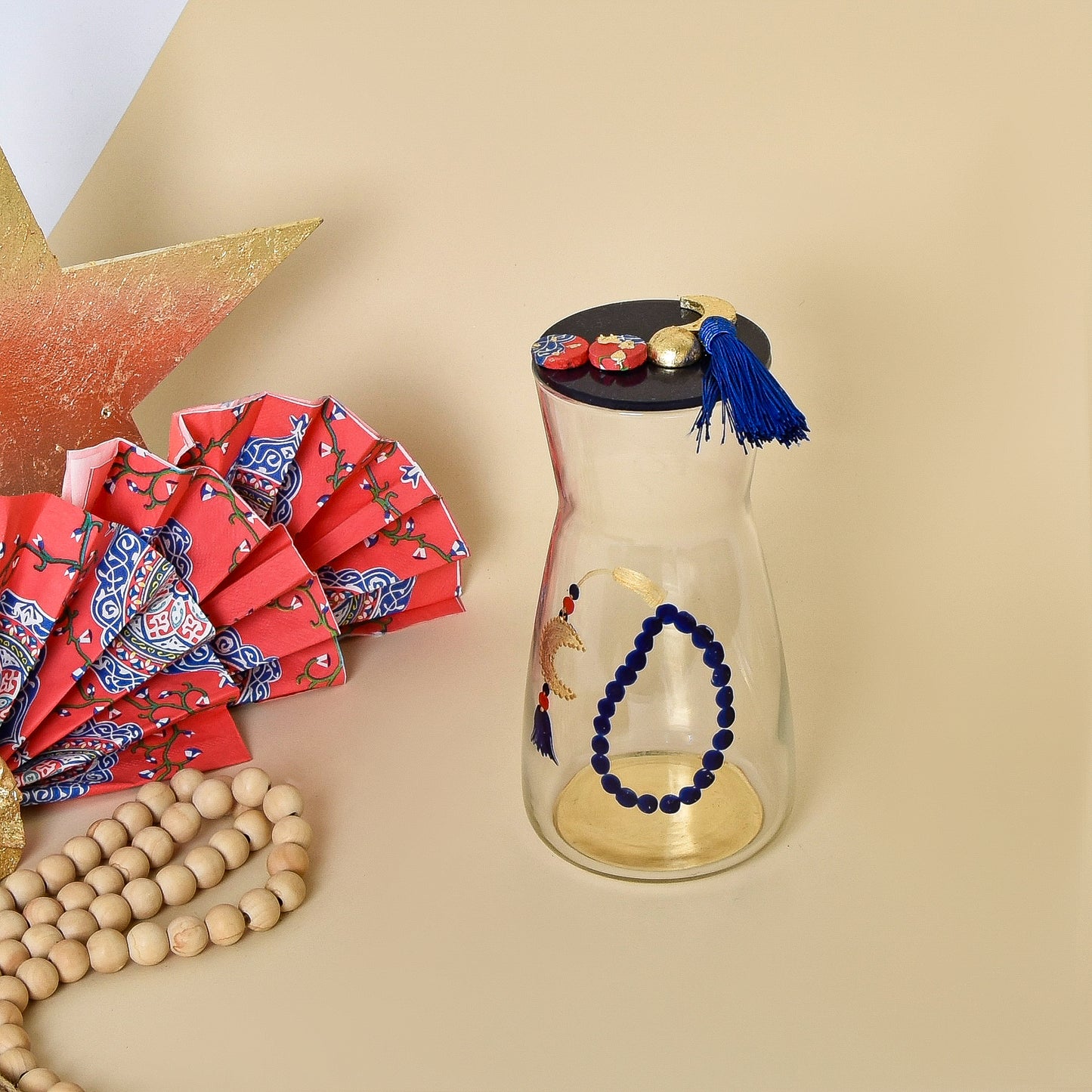 Egyptian Khayamiah Beaded Crescent with Gold Leaf – Transparent Glass Water Carafe