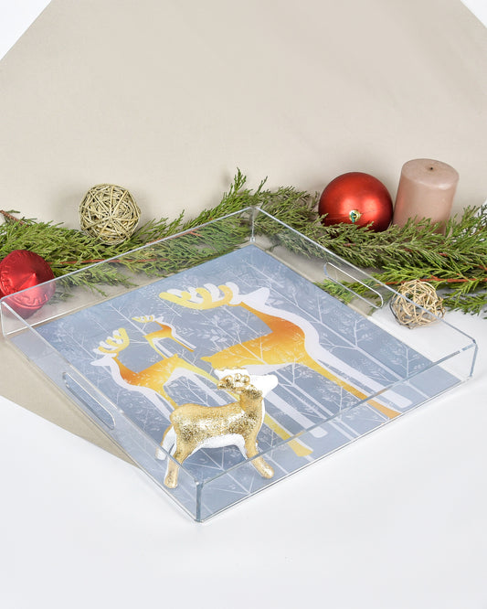 Three Christmas Deers Gold & White Plexi Tray 30X30CM