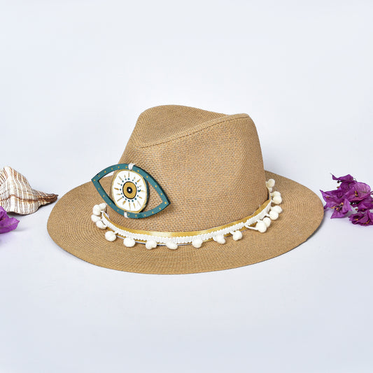 Beige Embellished Hat with Teal Eye