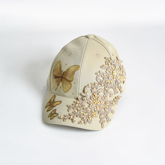 Beige Lace and Painted Butterflies Beige Cap