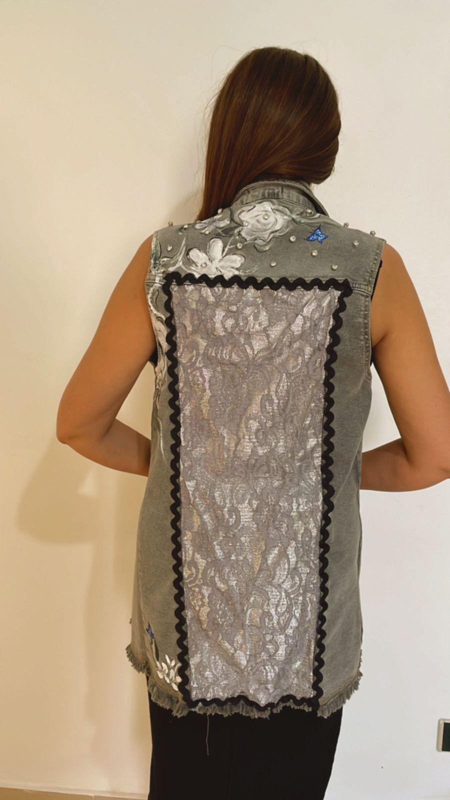 Grey Vest with Lace and Painted White Flowers