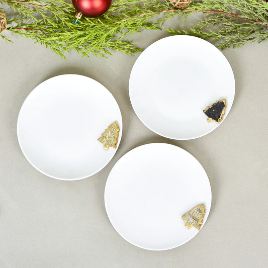 Three Metalic Christmas Embossed Trees Dessert Plates Set of Six