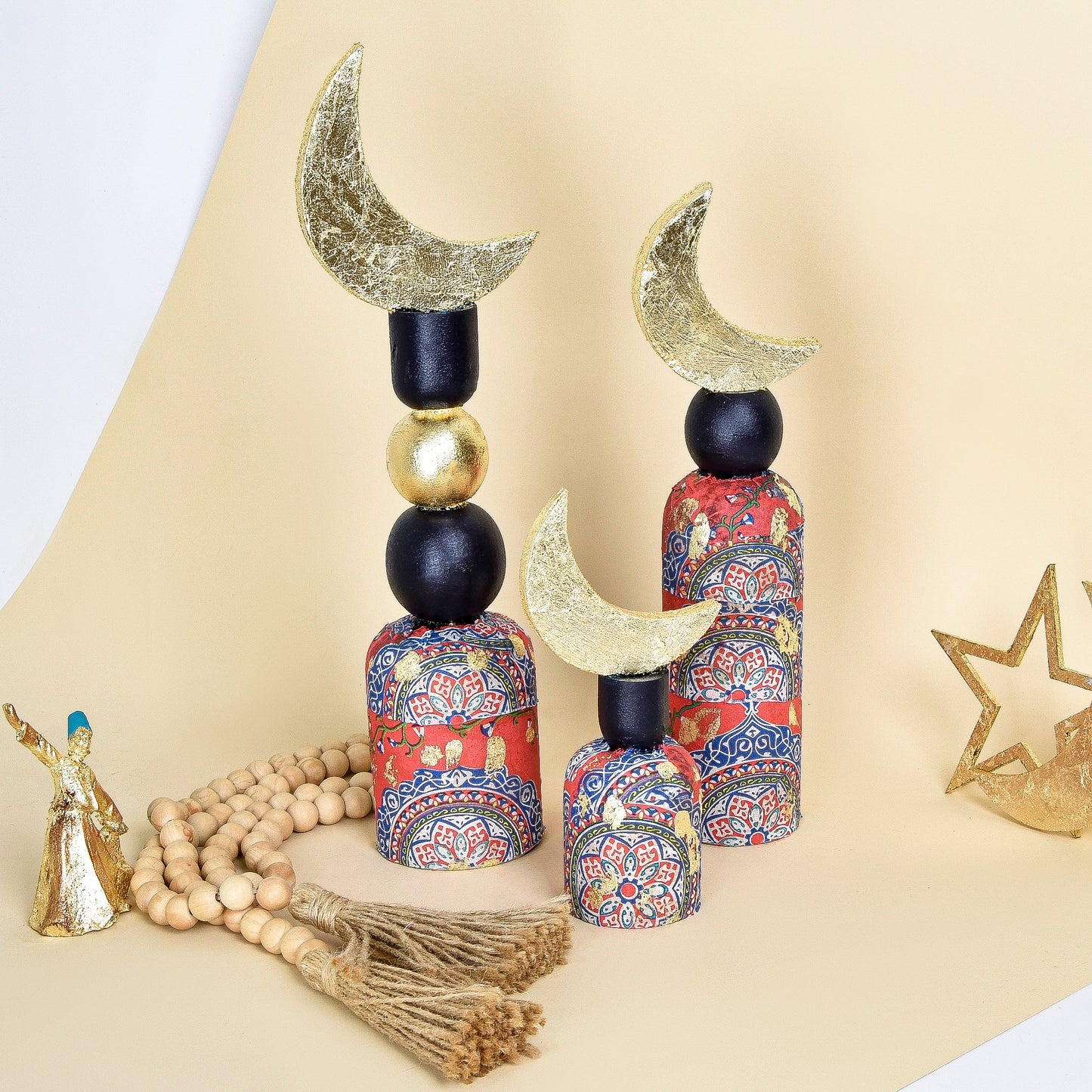 Red & Dark Blue Khayamiah Wooden Crescent with Gold Embellishment – Set of Three