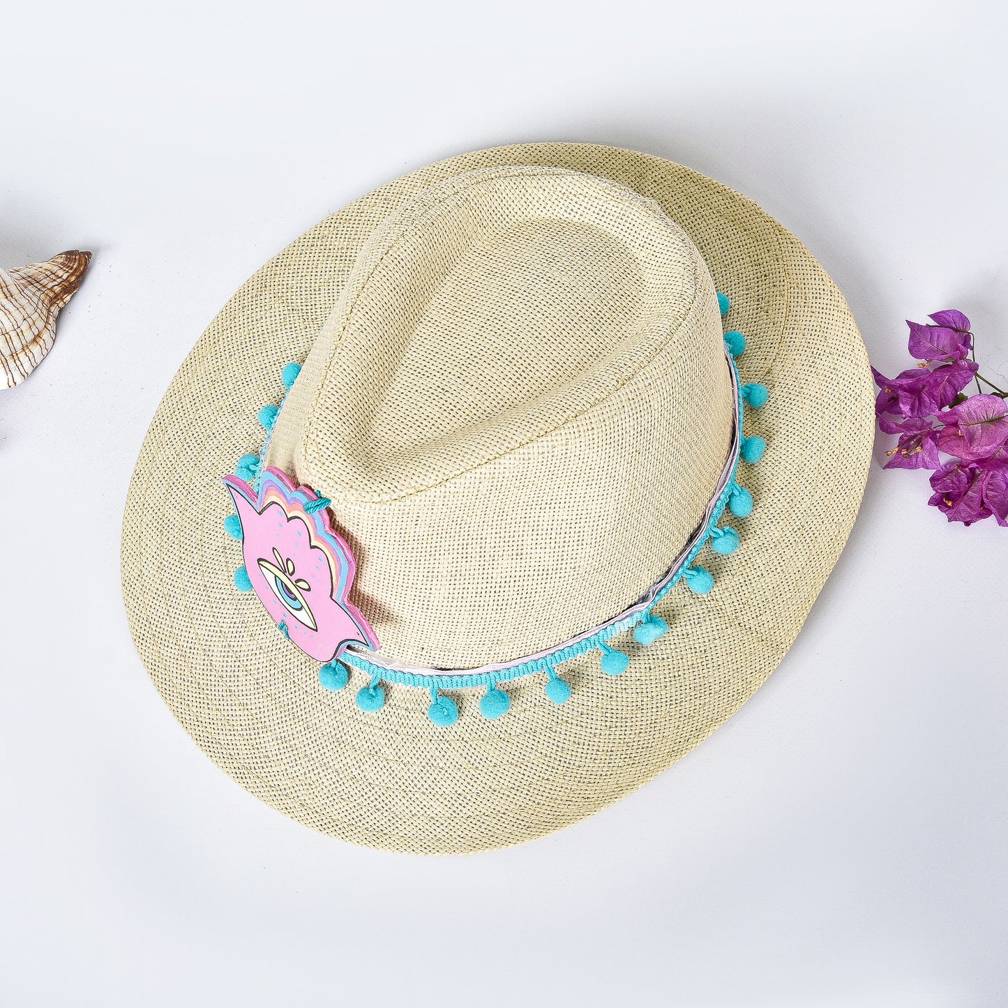 Beige Embellished Hat with Pink Hand