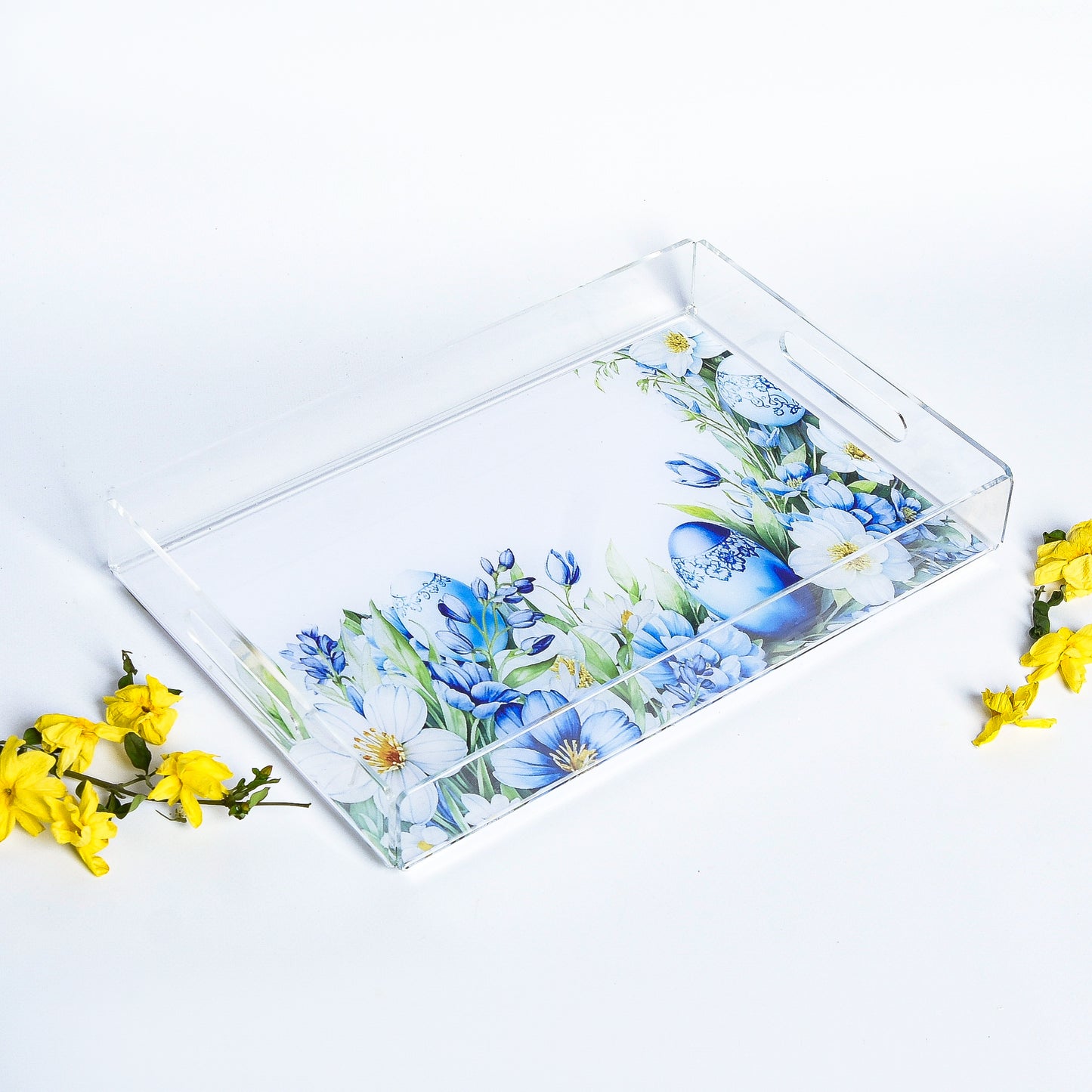 Flowery Blue Easter Eggs Long Plexi Tray