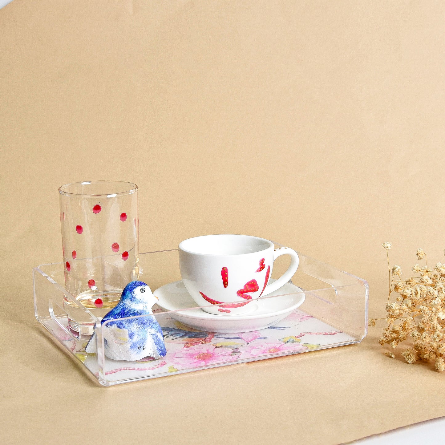 Blue & Yellow Bird  White Coffee Cup Tray Set