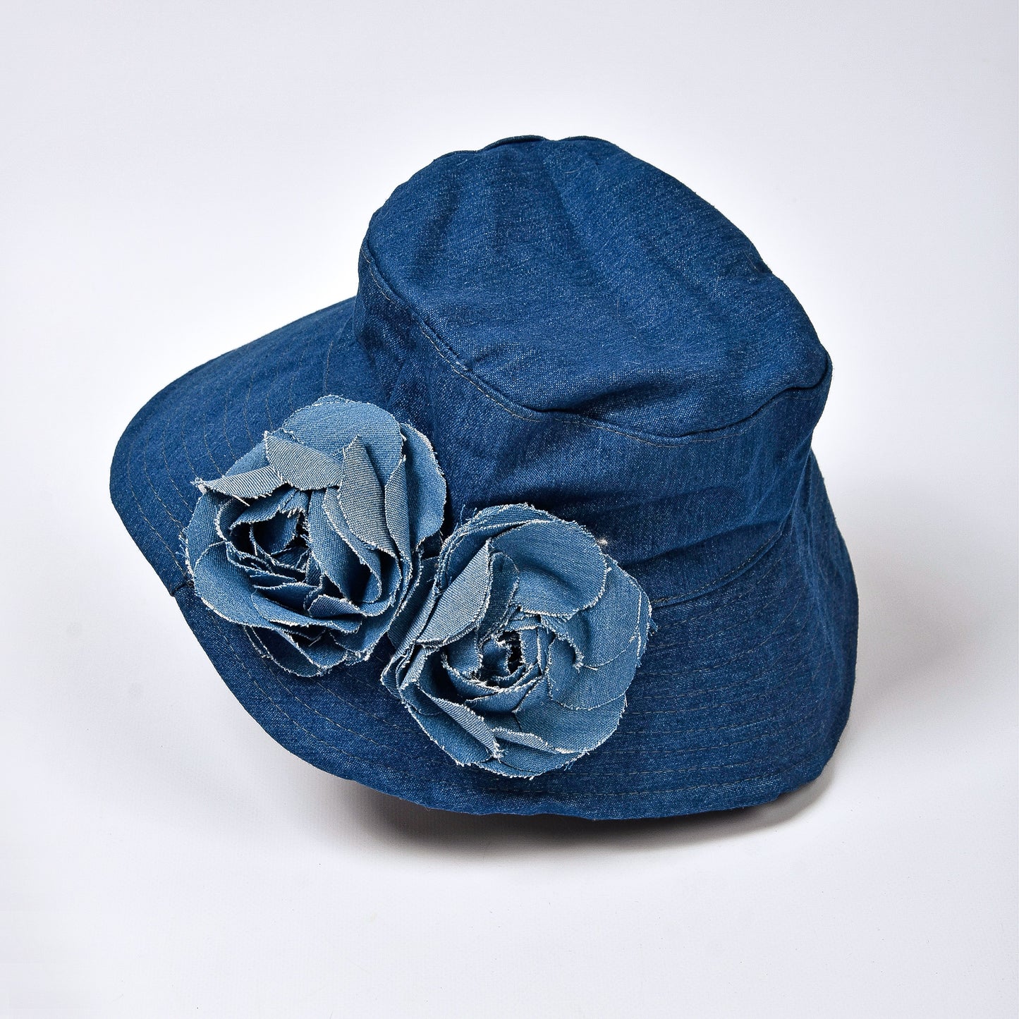 Dark Blue Denim Fisherman Hat with Two Big Flowers