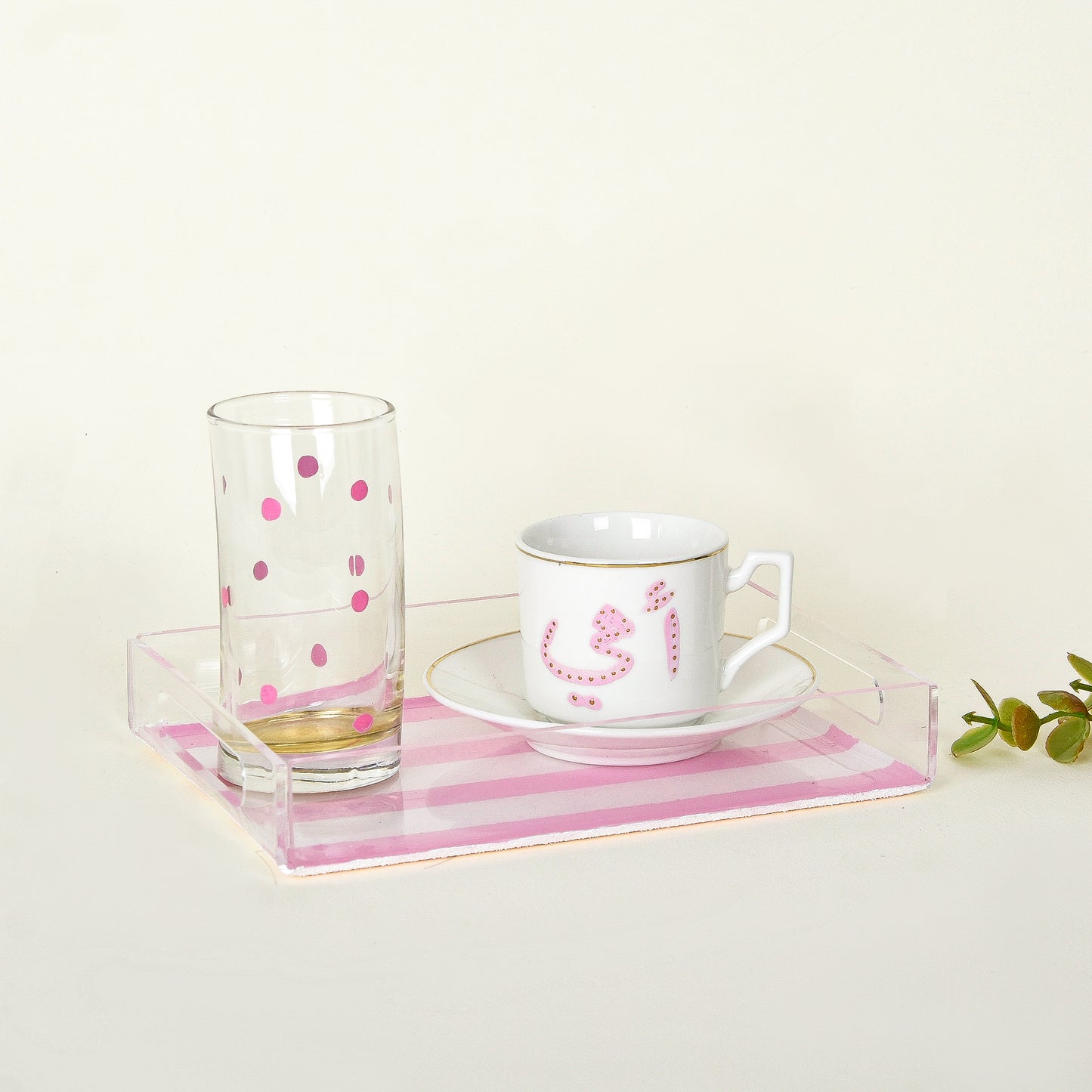 Pink Blossom Bird – Mother’s Day Hand-Painted Turkish Coffee Cup Gift Set with Plexi Tray (Ummi)