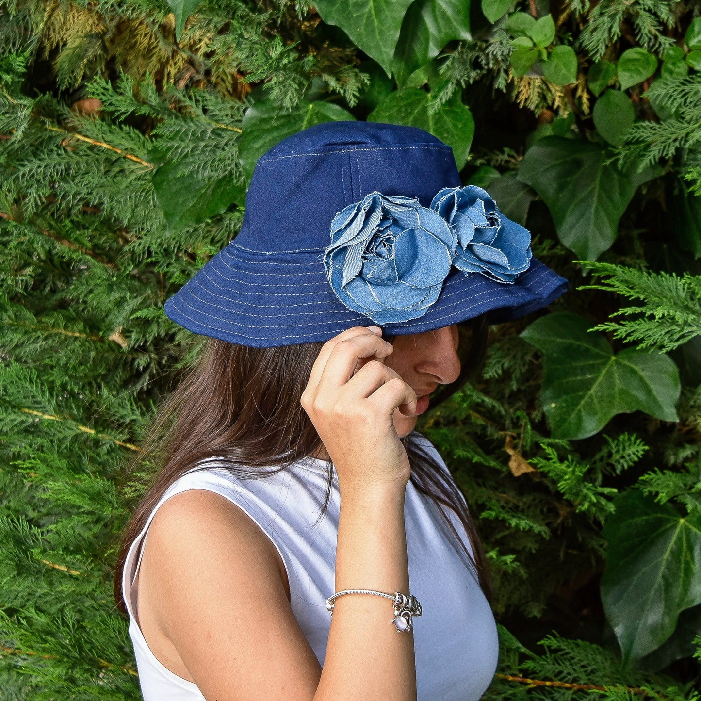 Dark Blue Denim Fisherman Hat with Two Big Flowers