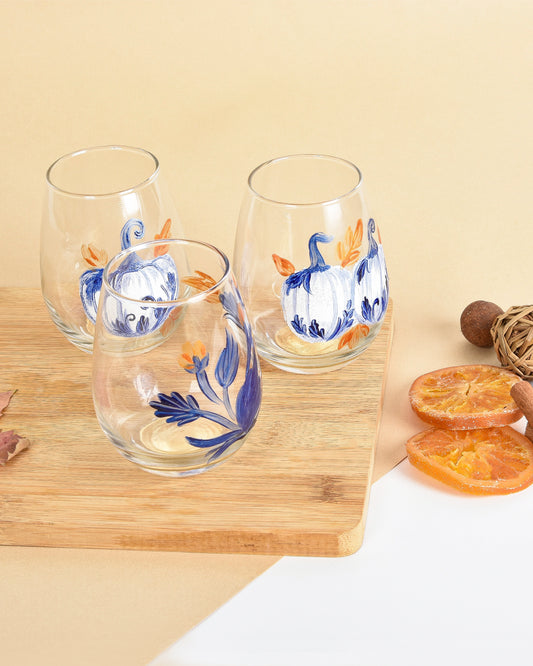 Blue Pumpkins with Autumn Leaves Water Cups Set of Six