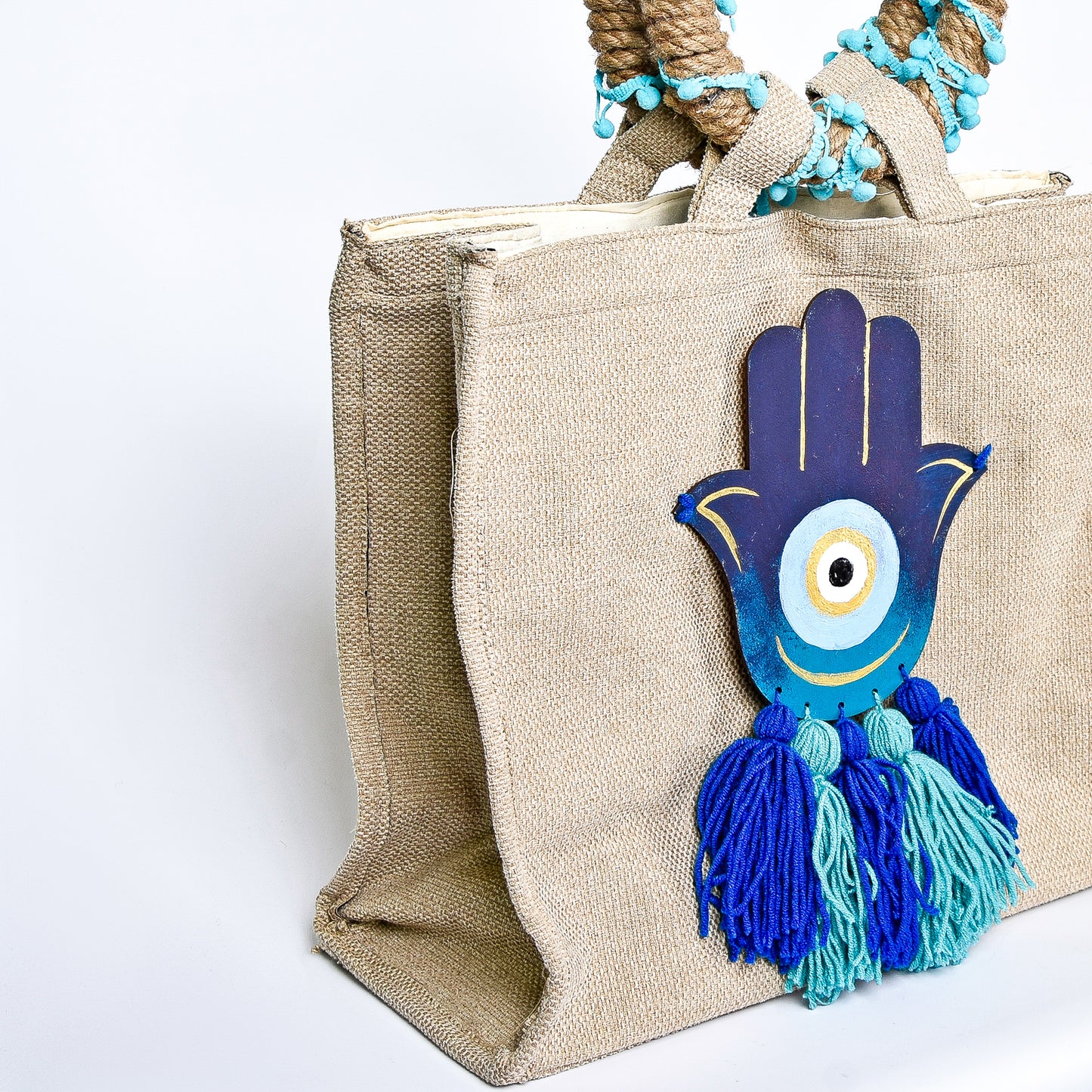 Embellished Beach Bag with Blue Fatima Hand