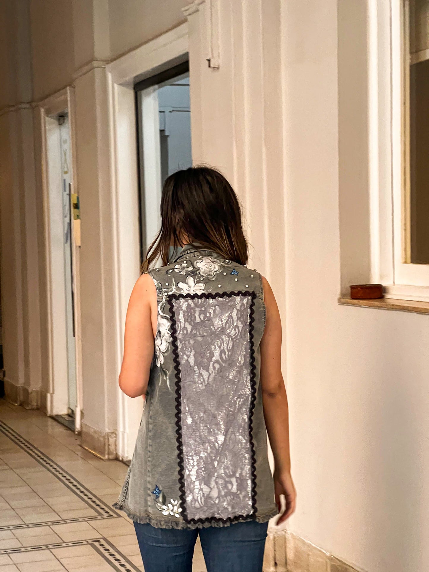 Grey Vest with Lace and Painted White Flowers