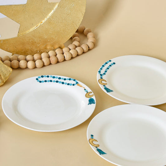 Blue Beaded Crescent with Gold Leaf – Dessert Plates Set of Six