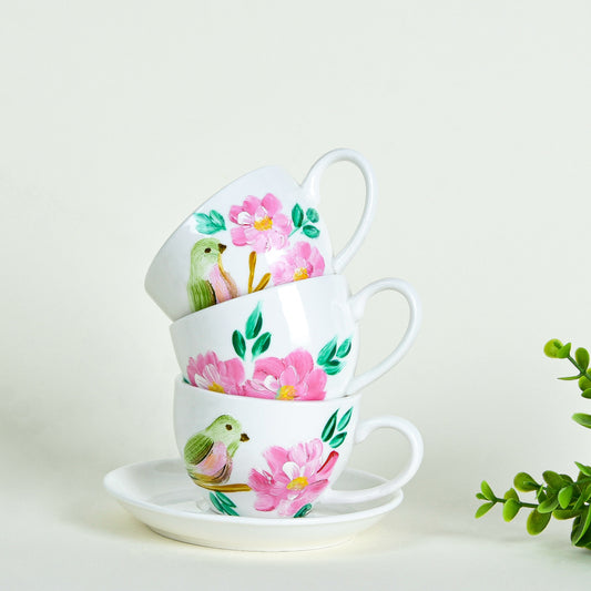 Pastel Bird & Flowers Turkish Coffee Cups Set of Six