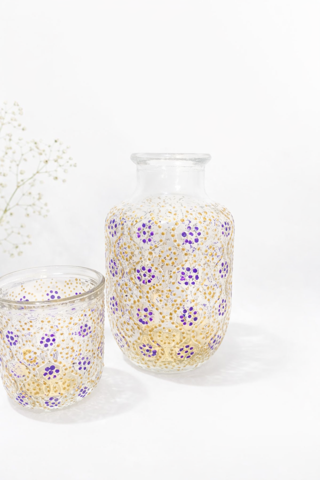 Gold & Purple - Hand-Painted Bedside Water Carafe with Cover Glass