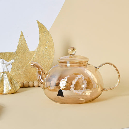 Amber Beaded Crescent with Gold Leaf – Transparent Glass Teapot