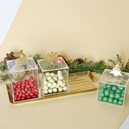 Christmas Gold Brass Ornaments – Set of Three Boxes with Hammered Brass Tray