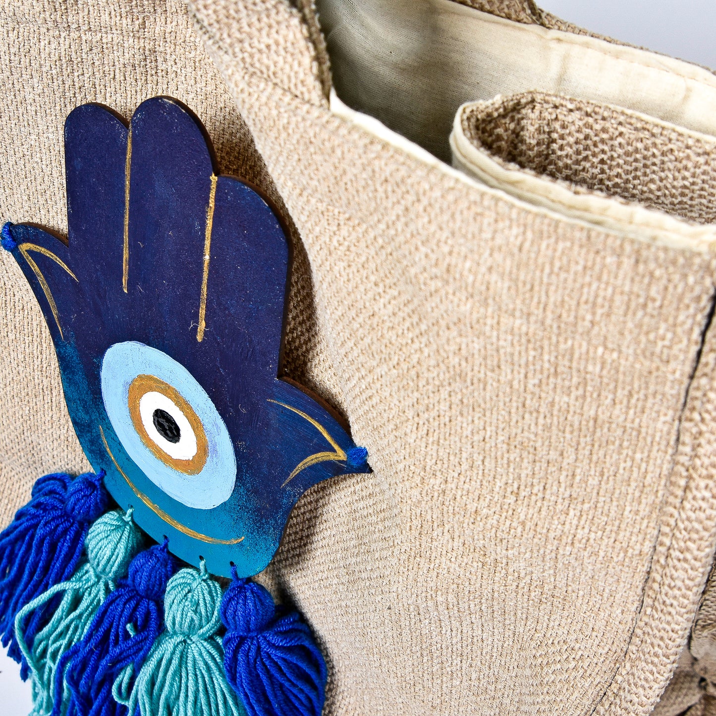 Embellished Beach Bag with Blue Fatima Hand