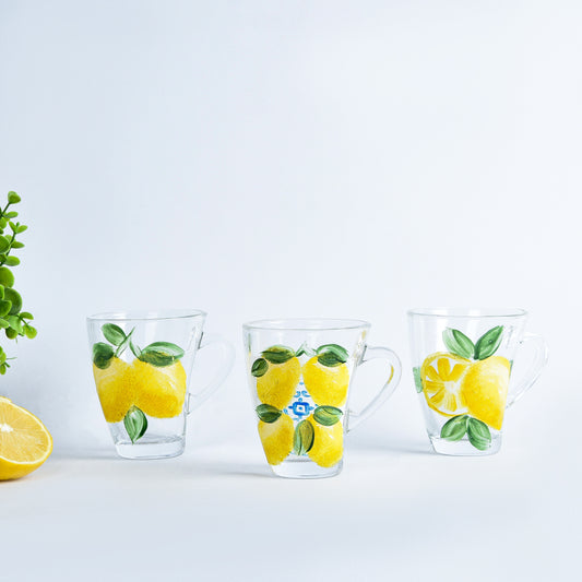 Fresh Lemones with Blue Tea Cups With Handles Set of Six