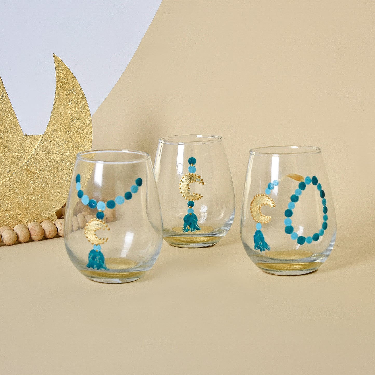 Blue Beaded Crescent with Gold Leaf – Water Glasses Set of Six